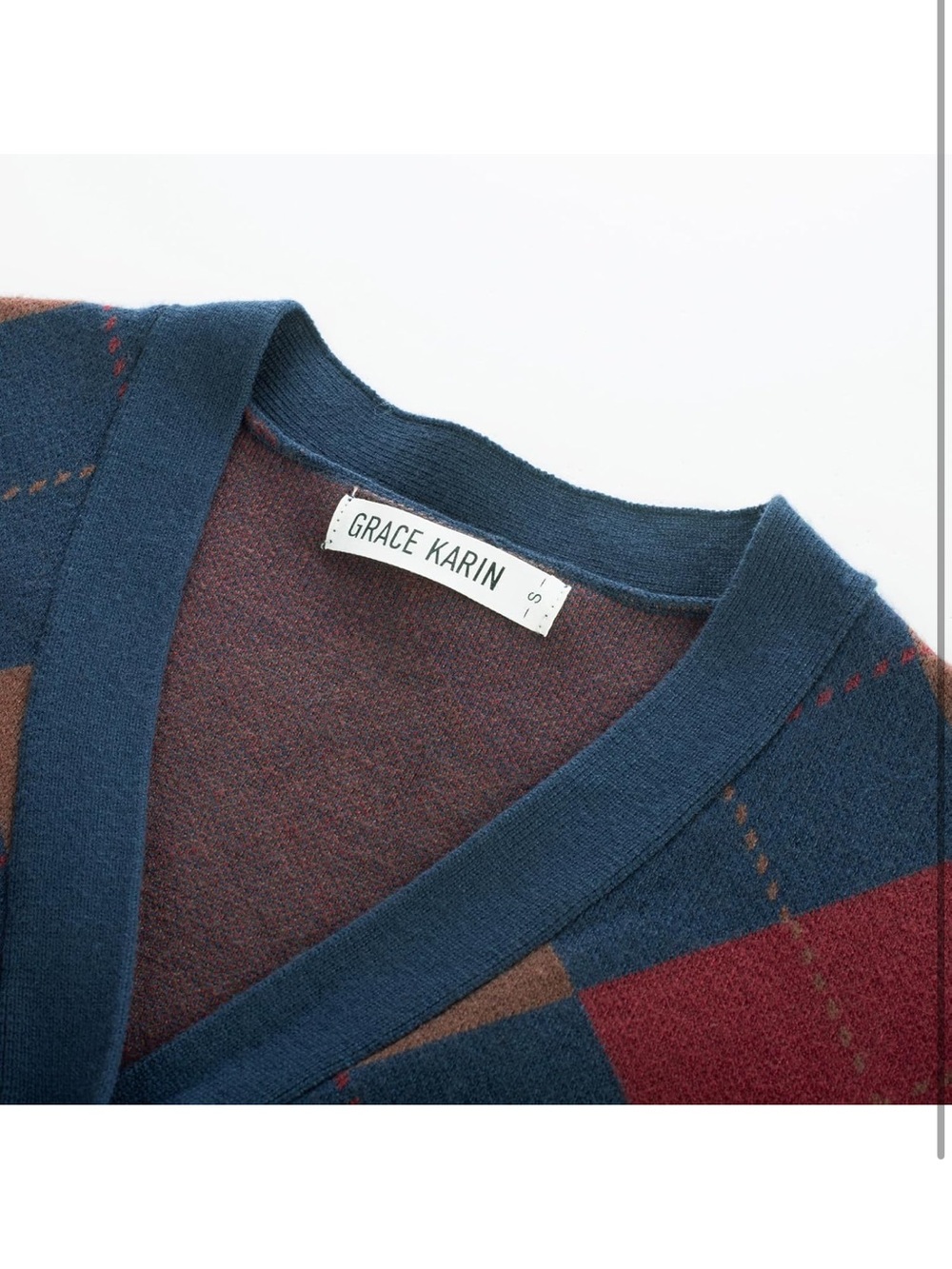 Plaid Sweater Long Sleeve Cardigan Argyle Preppy Style S 1411/bb7-2 - Picture 3 of 7